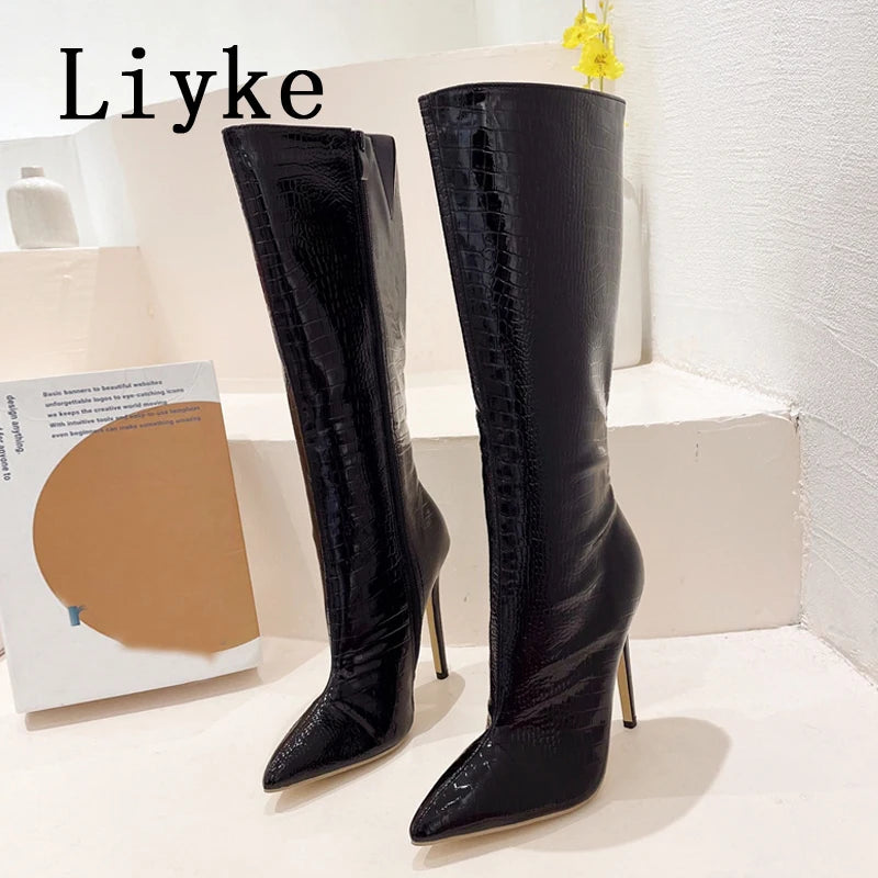 Liyke Autumn Winter Zip Knee High Boots Women Sexy Pointed Toe Snake Print Stiletto Heels Party Nachtclub Stripper Shoes Pumps