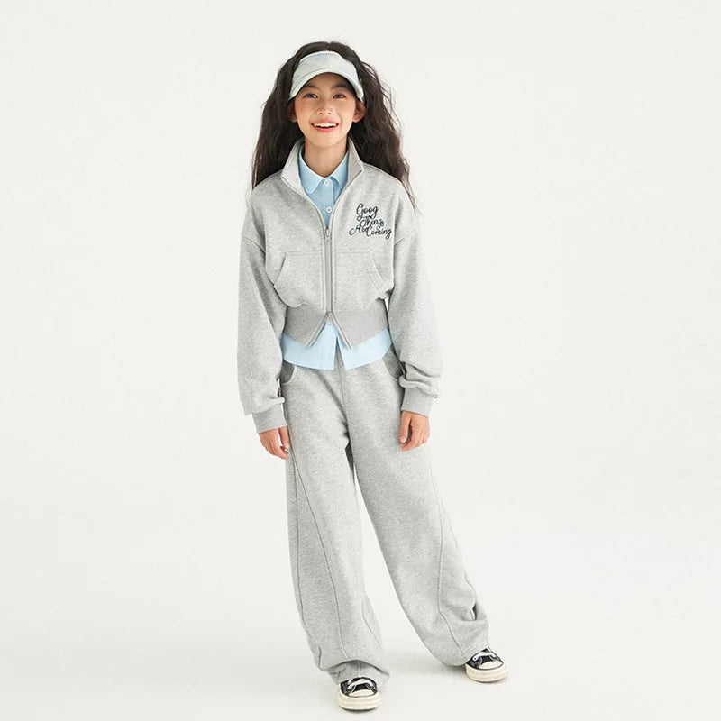 Girls Cotton Alphabet Double Zip Crop Workout Sweatshirt Jacket+Sweatpant School Kids 2PCS Tracksuit Child Jogger Outfit 5-16 Yr