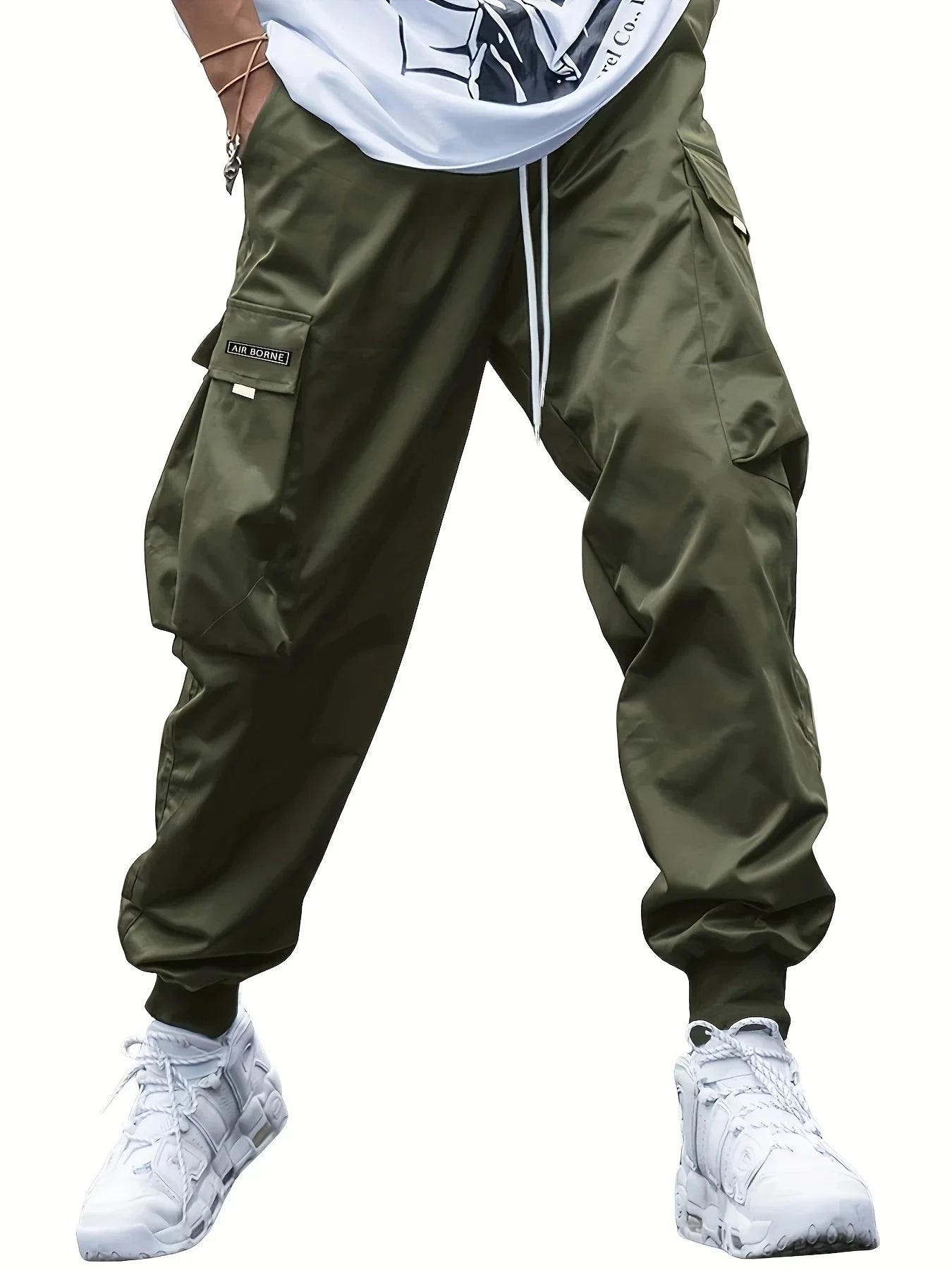 Plus Size Solid Color Spring Summer Men Casual Drawstring Cargo Pants Pockets Black Loose Out Door Elasticity Oversize Pants