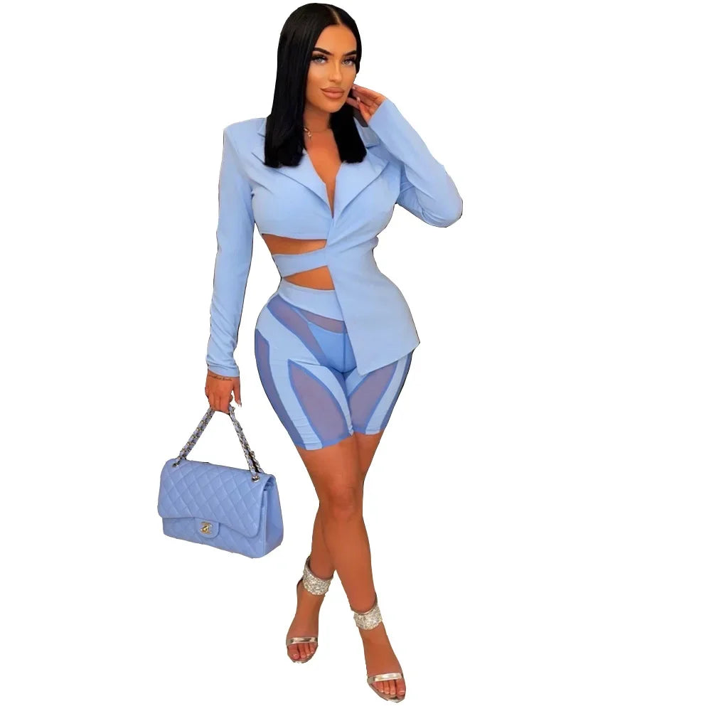 ANJAMANOR Two Piece Club Outfits Women Sexy Asymmetric Blazer and Mesh Shorts Leggings Matching Sets Fall 2023 D58-ED25