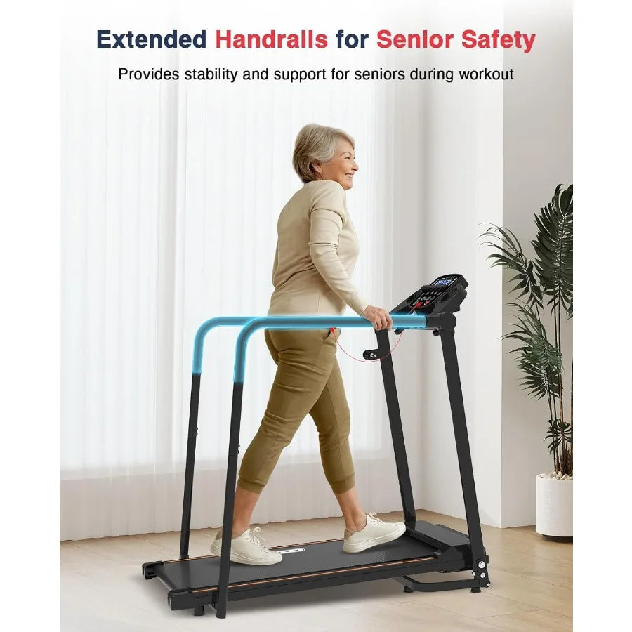 Foldable Walking Treadmill for Seniors with Long Handrails and Cup Holder 300 lbs Capacity Lightweight with Wheels Ideal for Ho