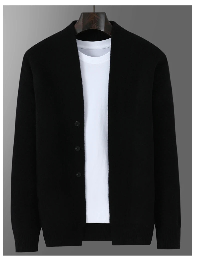 2025 Autumn Winter New Thick Cardigan 100% Pure Wool Men's Versatile Jacket V-Neck Loose Casual Highend Knitted Cashmere Sweater