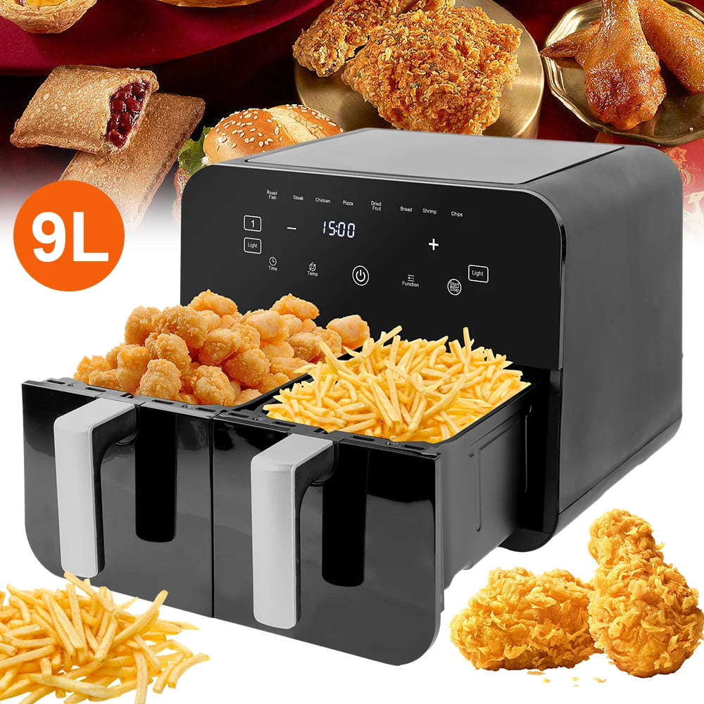 2400W air fryer Dual zone heating（4.5L+4.5L）Electronic Air Fryer LED Touch Screen Control timable Oil-free air fryer