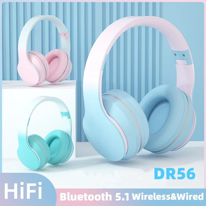 Gradient Bluetooth Headset Cute Wireless Music Headphone with Mic Gamer Earphone Kids Lovely Christmas Gifts for Girl PC Gaming
