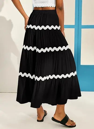 Women Dress Fashion Summer Women's Boho Elastic Waist A-line Skirt Fleece Frizzy Skirt Hem Layer Women's Vacation Outdoor Skirt