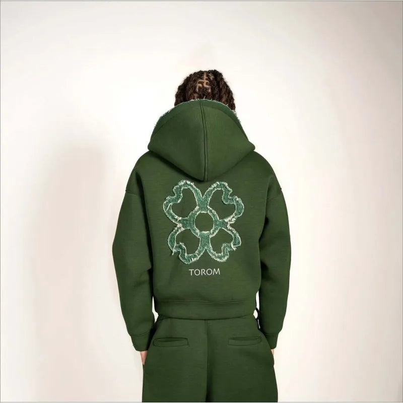 Olive Green Embroidered Zip Hoodie & Pants Set Men Streetwear Trendy Loose Casual 2-Piece Tracksuit New 2025 Fashion