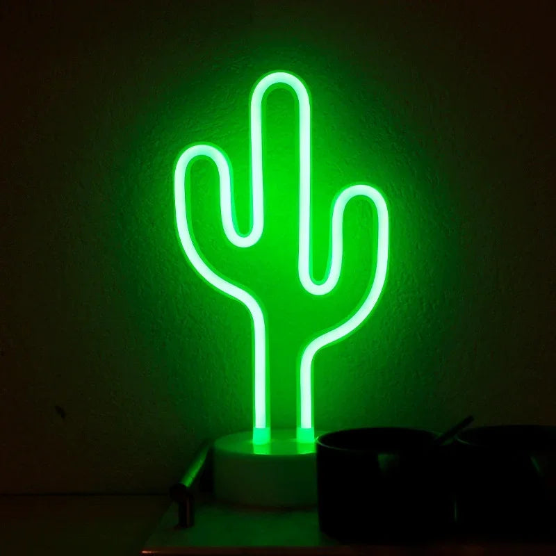 LED Neon Night Light Sign Flamingo Coconut Tree Cactus Table Lamp Kids Birthday Gifts Bedroom Christmas Art Decor Battery/USB