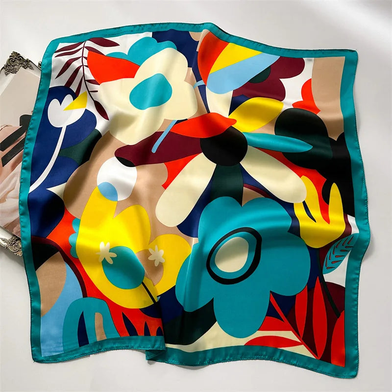 70*70cm Silk Square Scarf Women Soft Flower Print Hairband Foulard Neckerchief Hijab Tie Bag Ribbon Headband Fashion Decoration