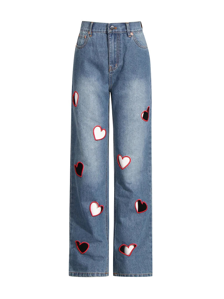 2025 Summer New Fashion Women's Jeans High Waist Straight Wide Leg Embroidery Heart Hollow Out Female Denim Pants