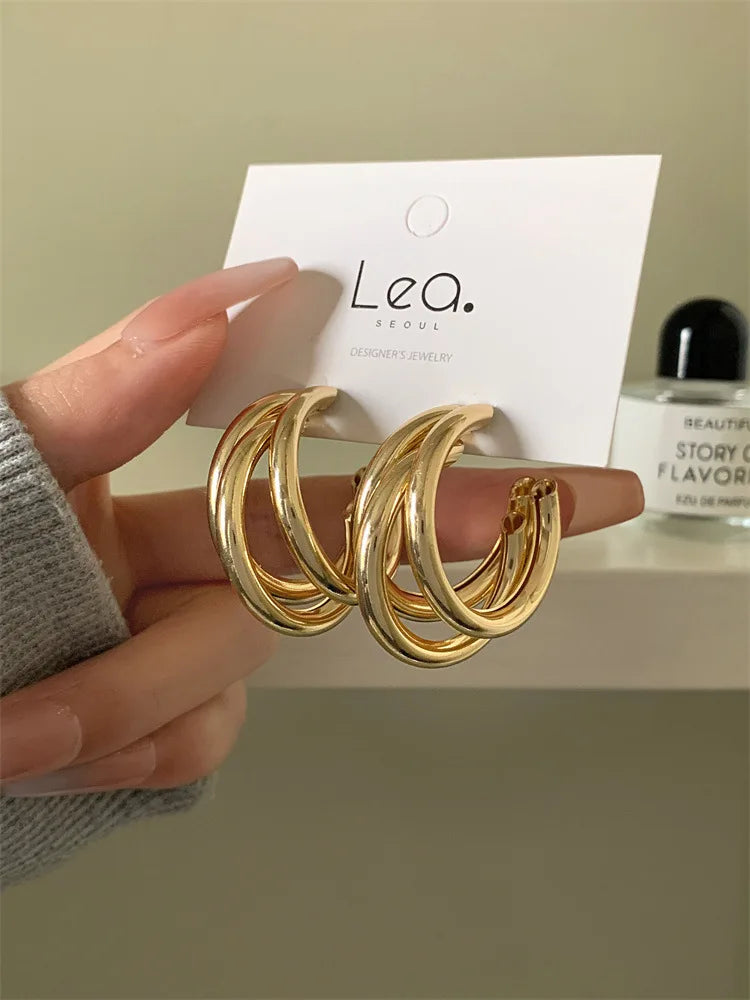 C Shaped Chunky Hoop Earrings for Women Girls Gold Color Double Ring Thick Geometric Drop Earrings Statement Jewelry Gift