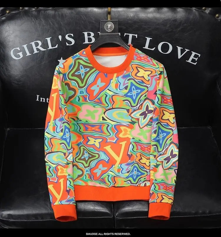 European and American fashion new trendy men's color hot stamping casual sweater light luxury handsome high-end versatile top
