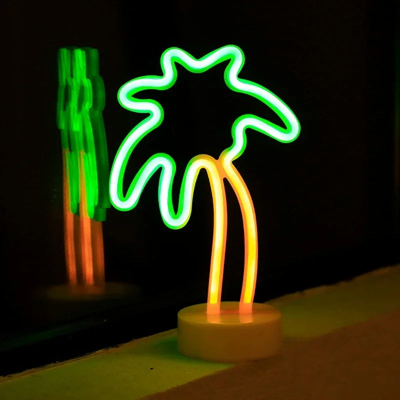LED Neon Night Light Sign Flamingo Coconut Tree Cactus Table Lamp Kids Birthday Gifts Bedroom Christmas Art Decor Battery/USB
