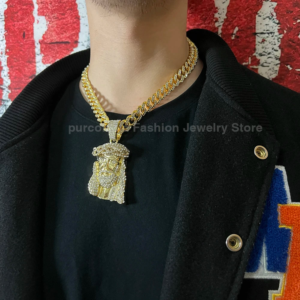 Men Hip Hop Rapper Popular Necklace Religious Jesus Portrait Pendant Rhinestones Cuban Chain Jewelry