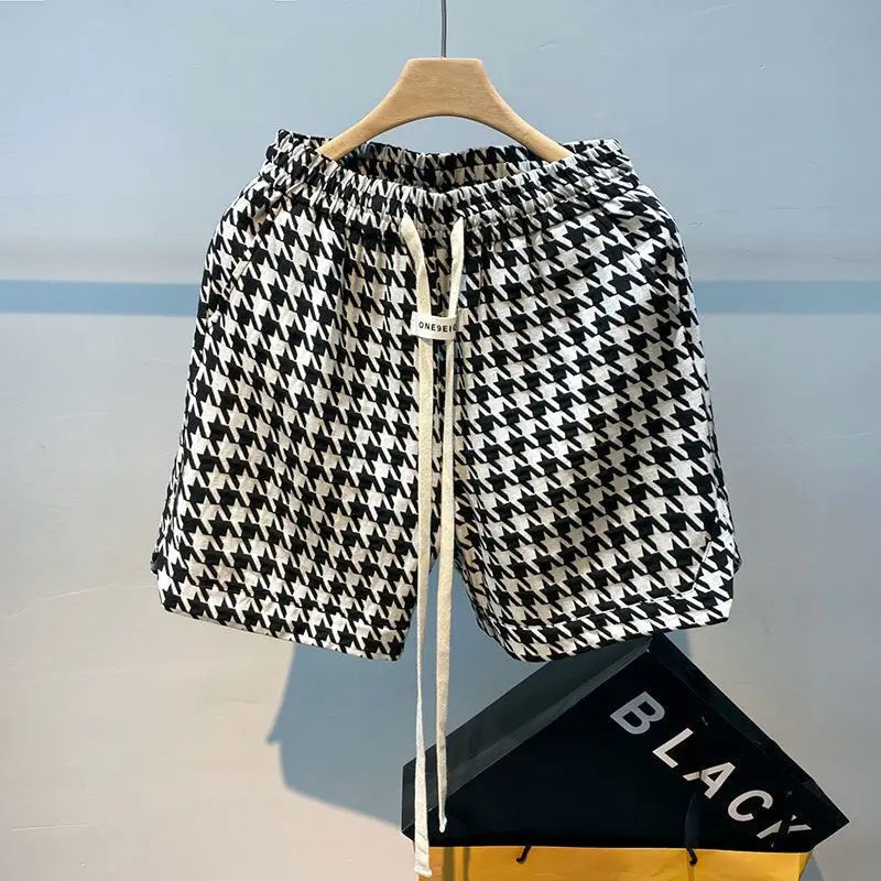 2024 New Summer Trend Casual Loose and Breathable Quick Drying Drawstring Elastic Waist Thousand Bird Grid Shorts for Men