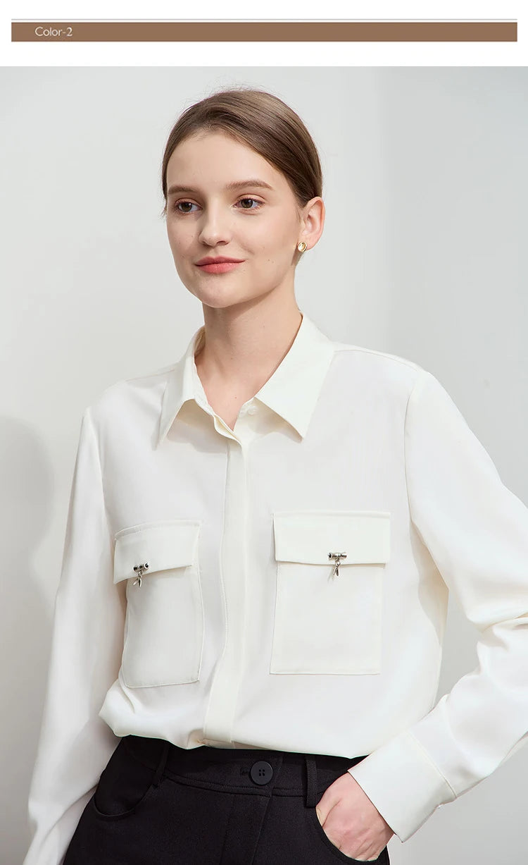 AMII Minimalist Chiffon Shirt Women 2025 Spring New Temperament Gentle Lapel Bamboo Work Pocket Concealed Button Tops 12521032
