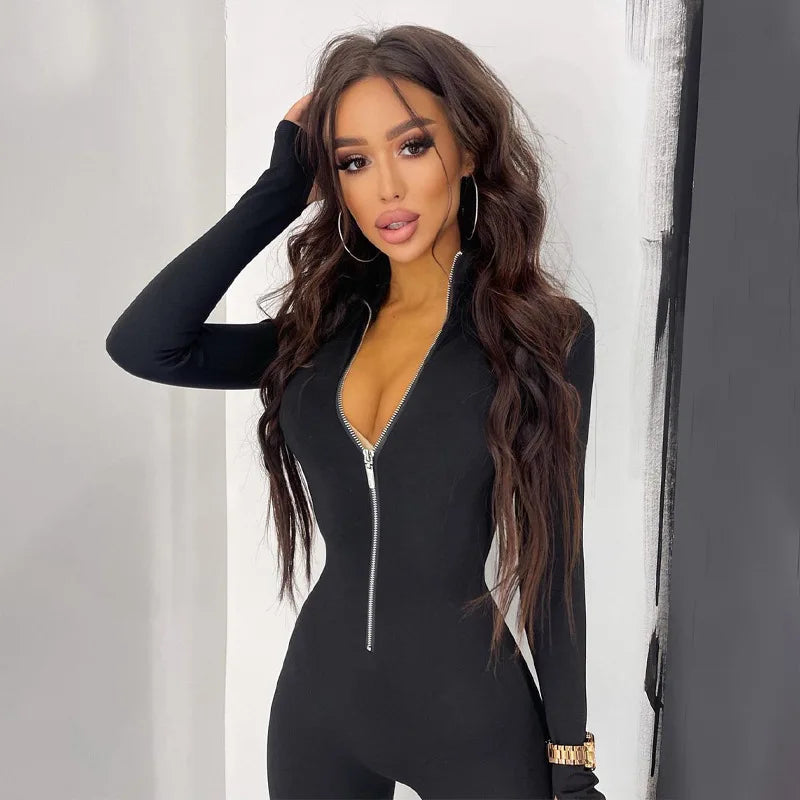 Women's Casual Sporty Fitness Outfit Long Sleeve Zipper Jumpsuit Female Workout Rompers Skinny Activity Wear Overalls Tops