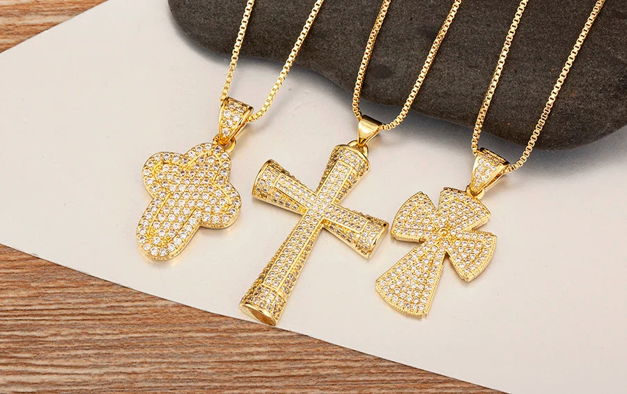 Nidin New Trendy Personality Design Cross Pendant Necklace For Women Men Shiny Crystal Zircon Charm Jewelry Daily Party Gifts