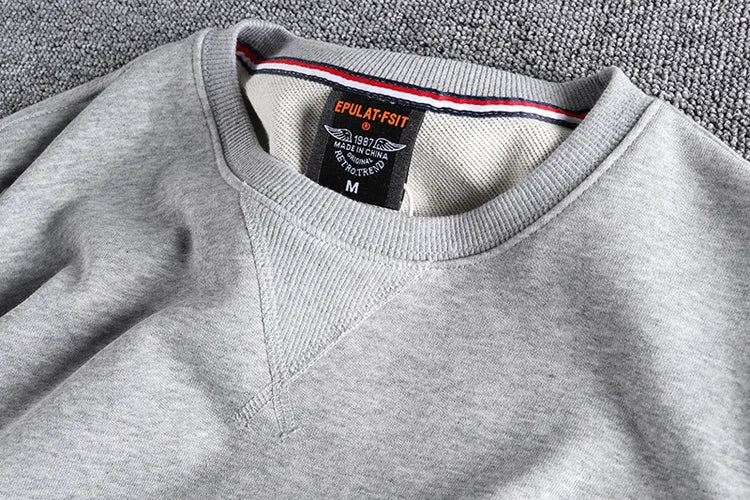 Spring New American Retro Sleeve Patch Solid Color Sweatshirt Men's Simple 100% Cotton Washed Pullover Loose Casual Sportwear