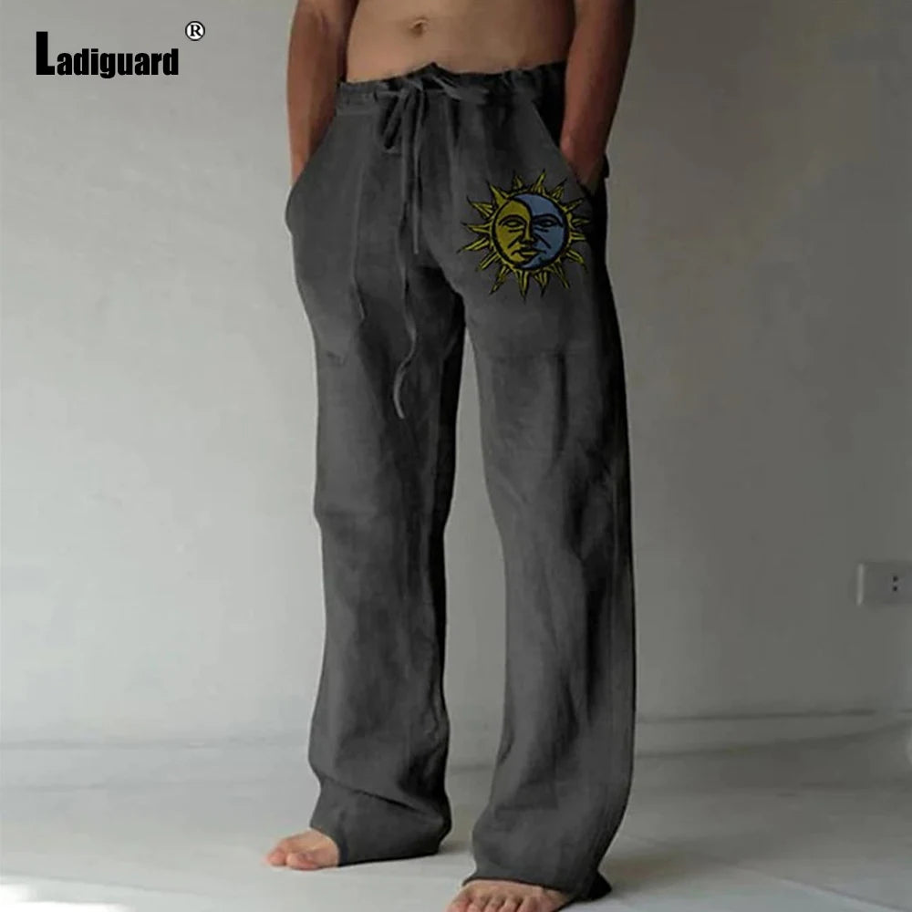 Plus Size 5xl Mens Loose Pants 2025 Summer Casual Linen Pants Male Fashion Print Trouser Men Patchwork Drawstring Leisure Pant