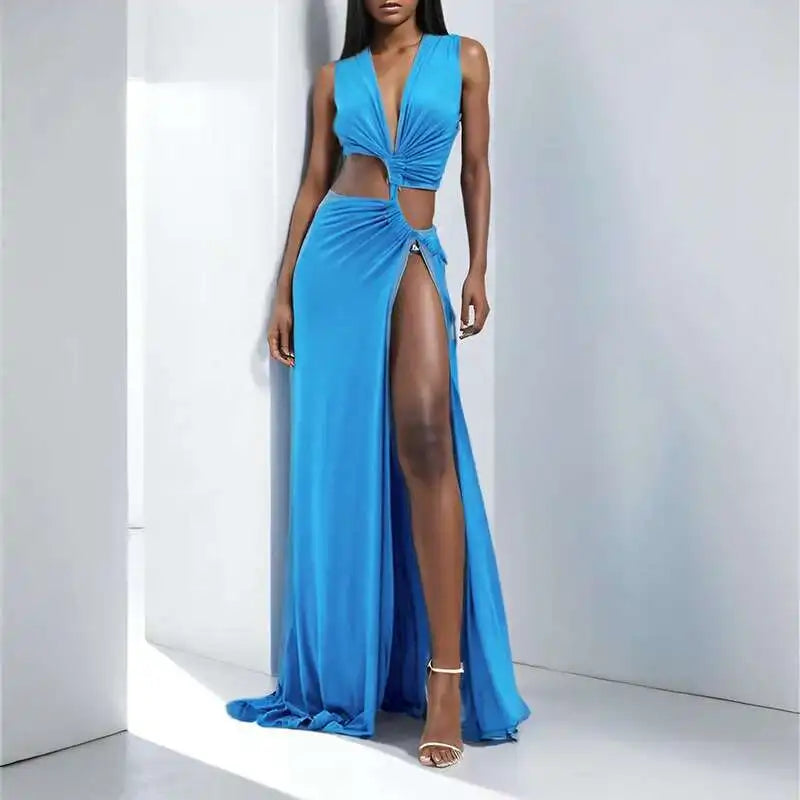 DEAT Spring New Arrival Fashion Hollow Out Sleeveless Dresses For Women Trendy Split V-neck Irregular Dress Female 11A03623
