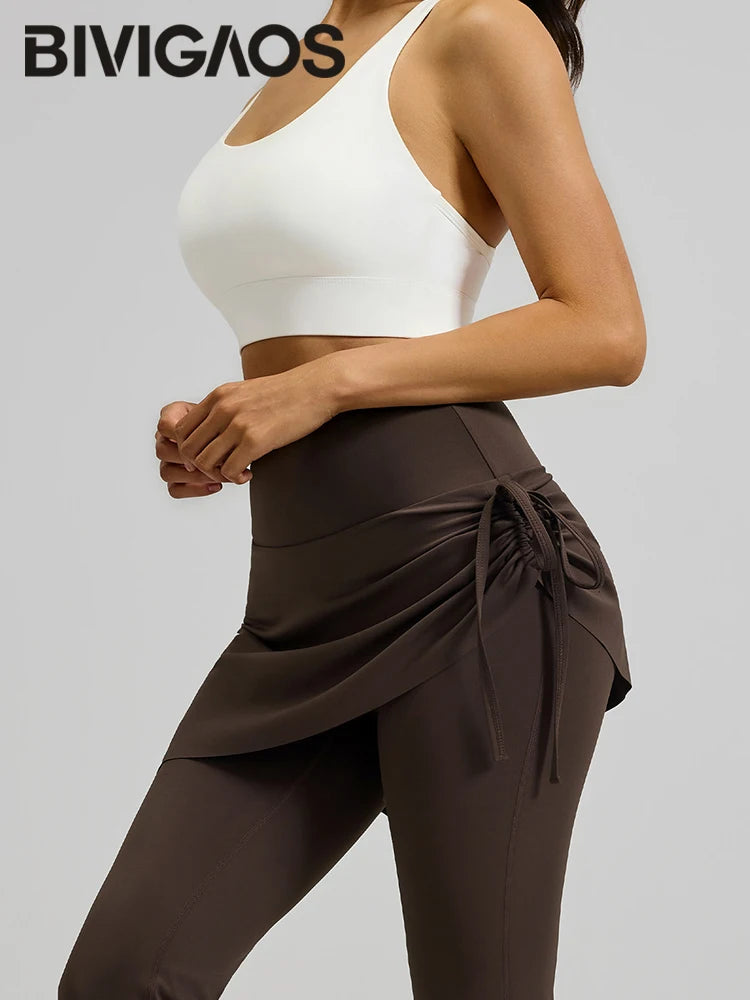 BIVIGAOS New Spring Drawstring Pleated Yoga Leggings Skirt Pants Fake Two Piece Women High Waist Elastic Sports Fitness Leggings