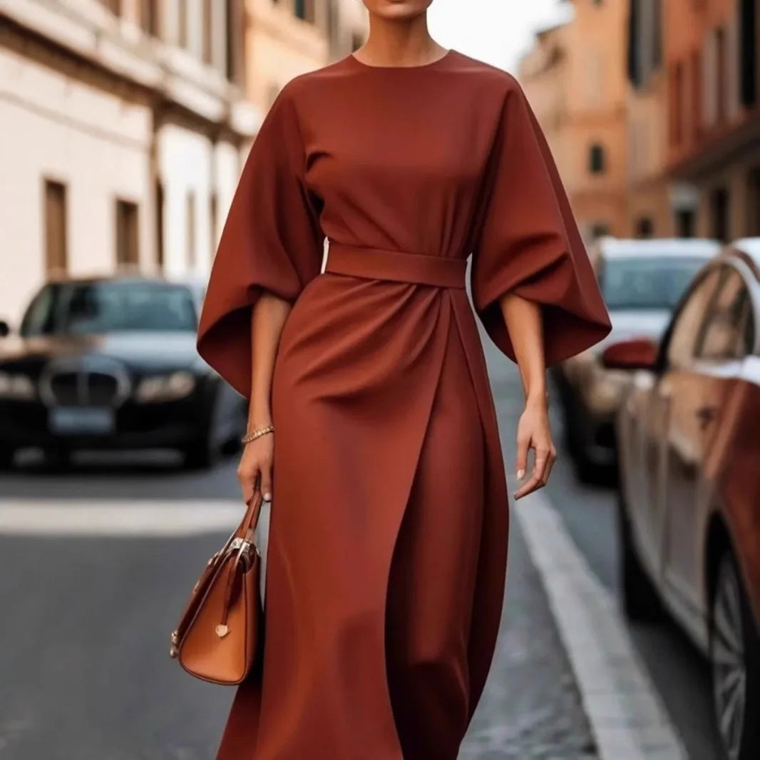 2025 Women's Fashion Temperament Elegant Solid Color Waist Dress Casual Bat Sleeve Long Skirt Vestidos De Mujer