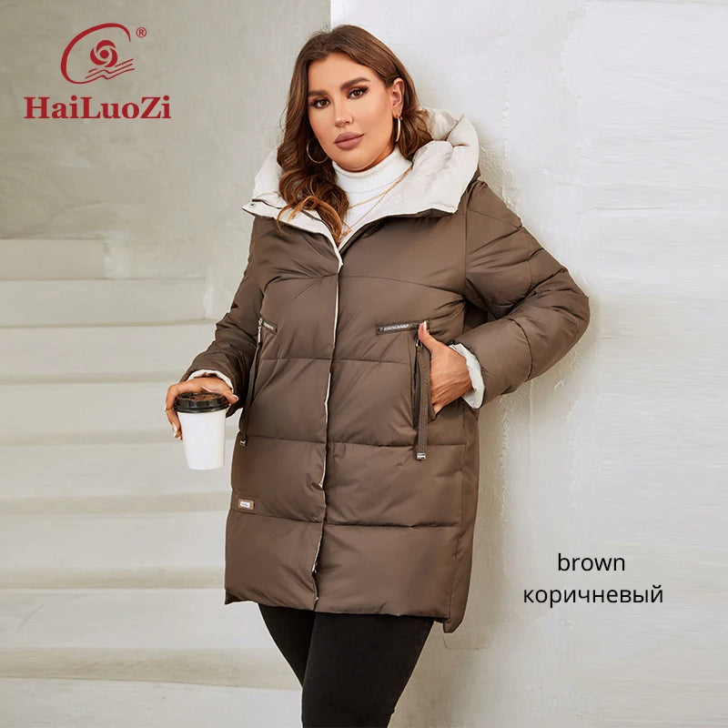 HaiLuoZi 2023 New Plus Size Women Winter Jacket XL-6XL Thick Female Outwear Slant Pockets High-quality Quilted Women's Coat 1115