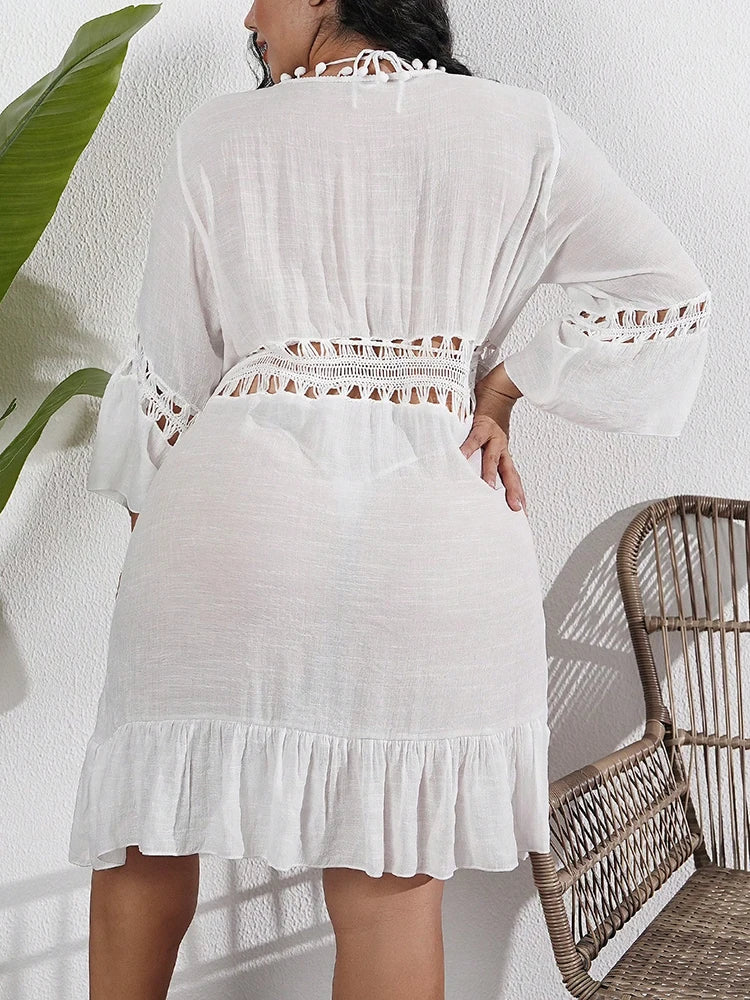 Plus Size Sexy Hollow Out Loose Lace Up Beach Cover Up Dress Long Sleeve Swim Coverup  Summer Seaside Vacation Pool Party Bikini