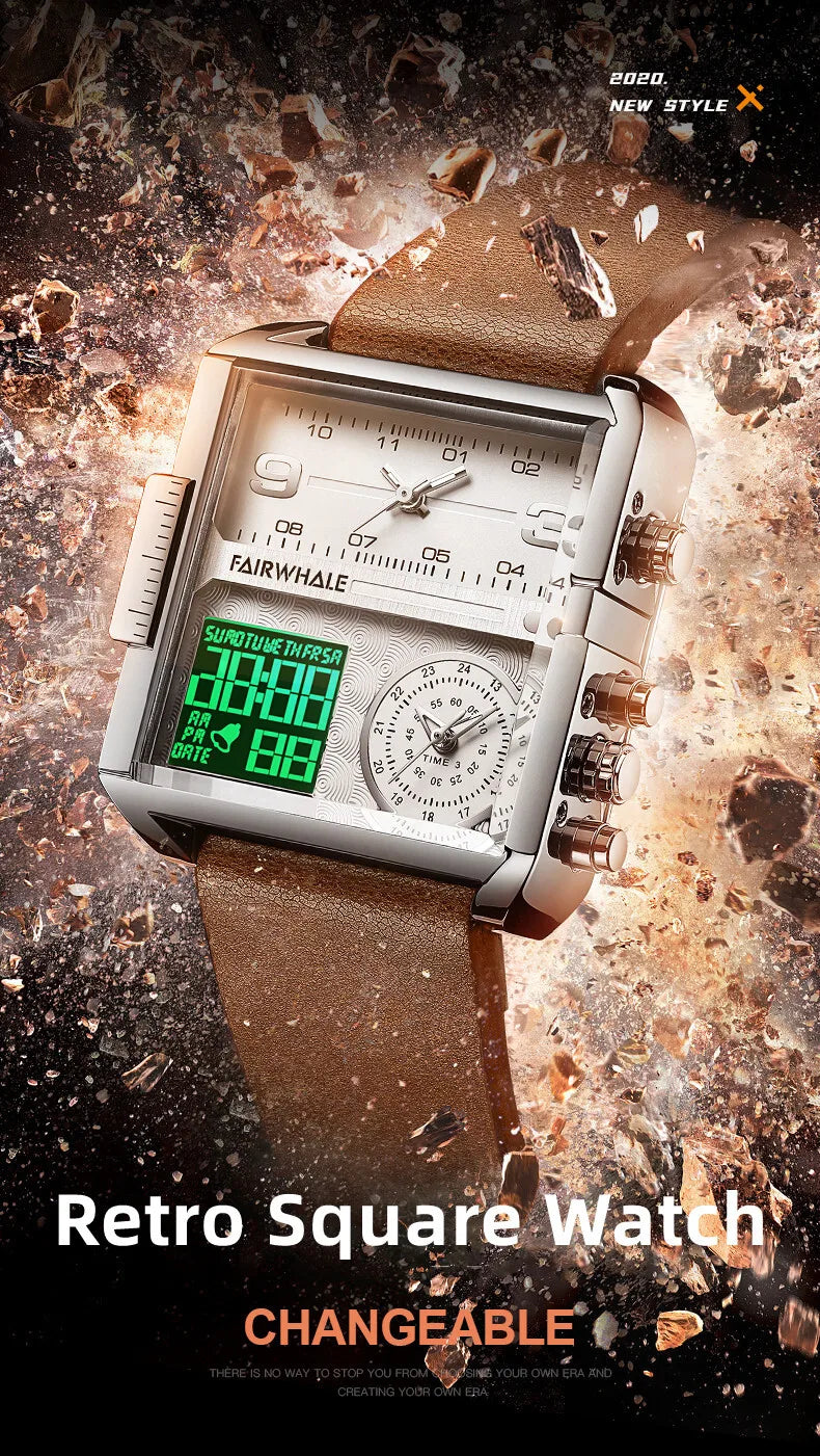 Mark Fairwhale 4270 Retro Square Men's Electronic Digital Dual Display Waterproof Night Light Leisure Men's Clock reloj hombre