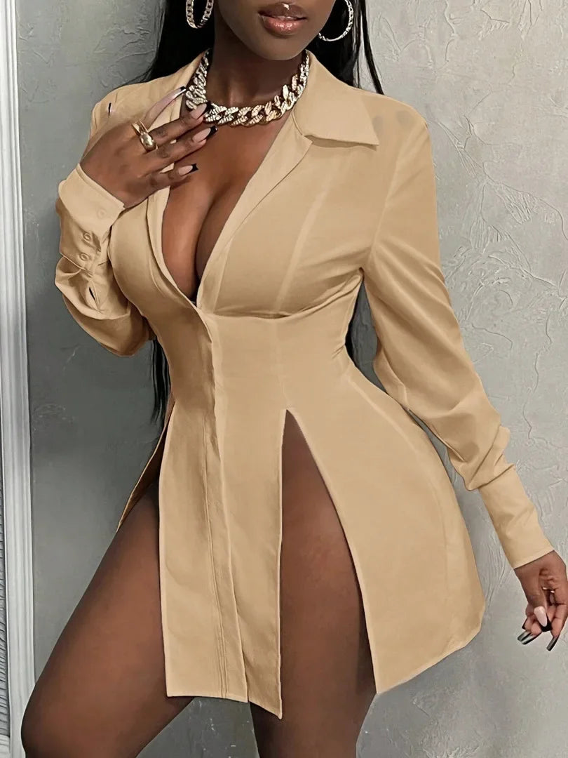 Fashionable Casual Slim Fit Long Sleeve Ladies Shirt Button Placket Split Hem Collared Top Women's Clothing Polyester Cotton