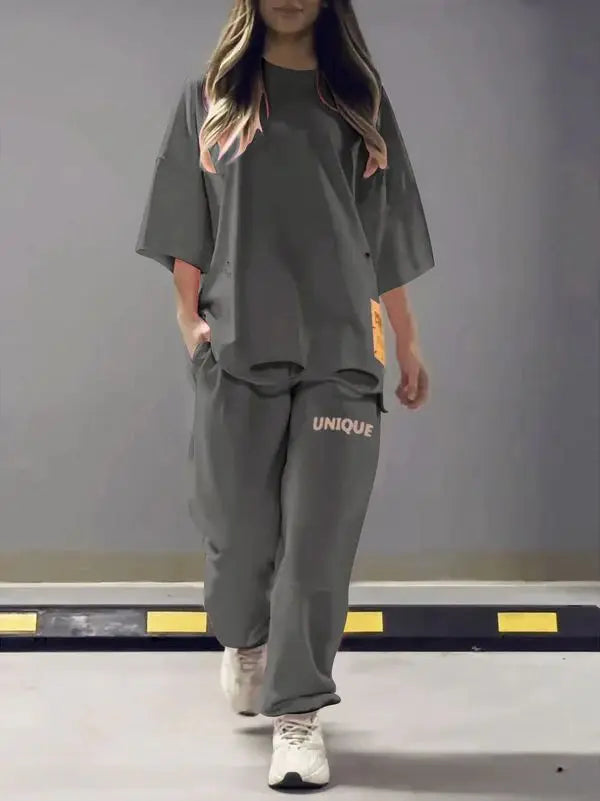 Summer New Fashion Hollowed Out O Neck T Shirt Women's 2 Piece Set Solid Color Casual Relaxed Tracksuit Pants Pocket Female Suit