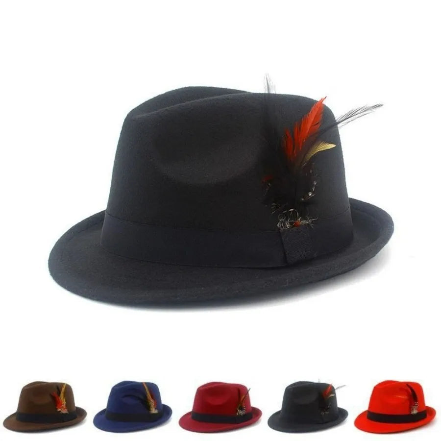 European and American Style Woolen   Women's Autumn and Winter Fashion Feather Show Hats Men's Jazz Hats