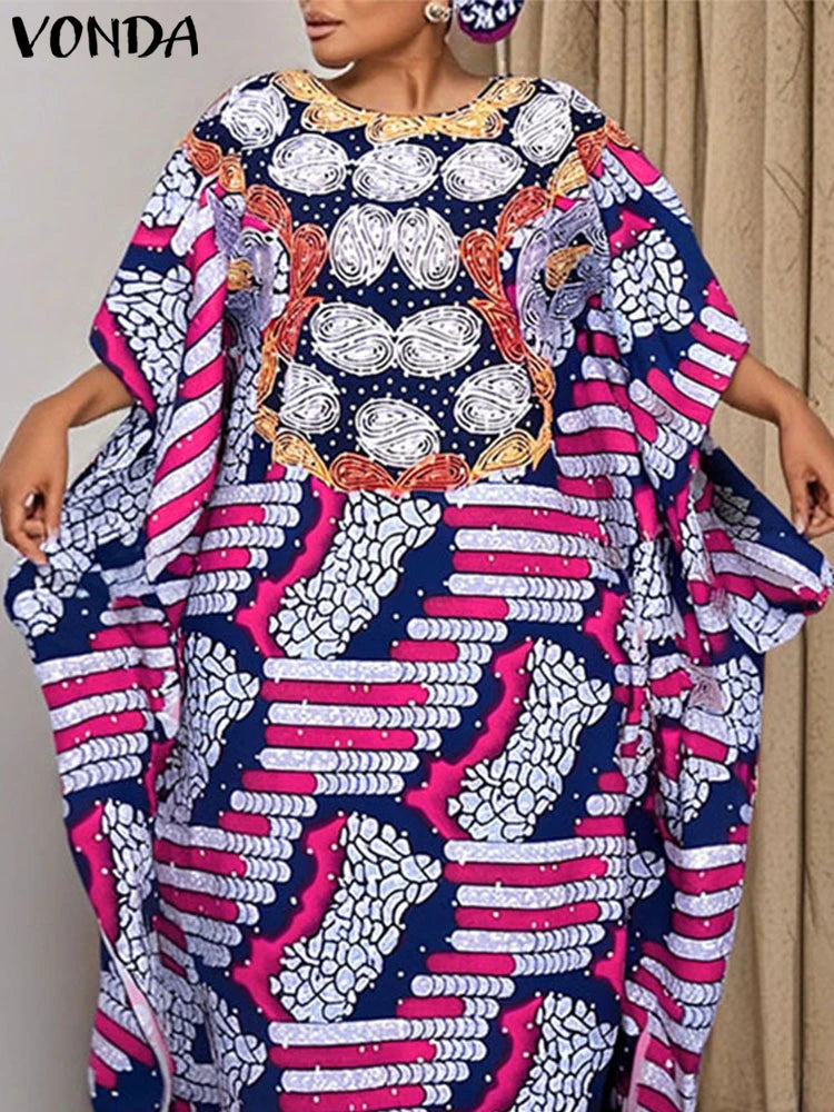 Plus Size 5XL VONDA Women Maxi Dress Bohemian Printed Long Vestidos Summer Half Bat Sleeve Casual Loose Robe Vintage Sundress