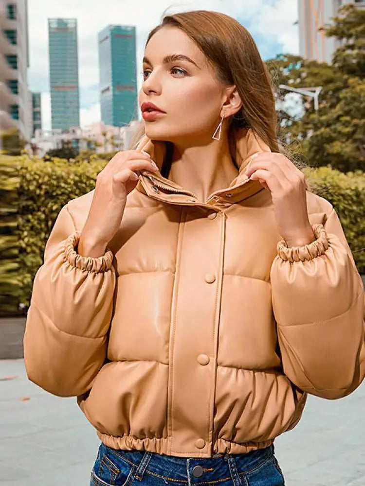 Winter Warm Thick PU Leather Coats Women Short Parkas Fashion Black Cotton Padded Lady Down Jacket Elegant Zipper Clothes 2025