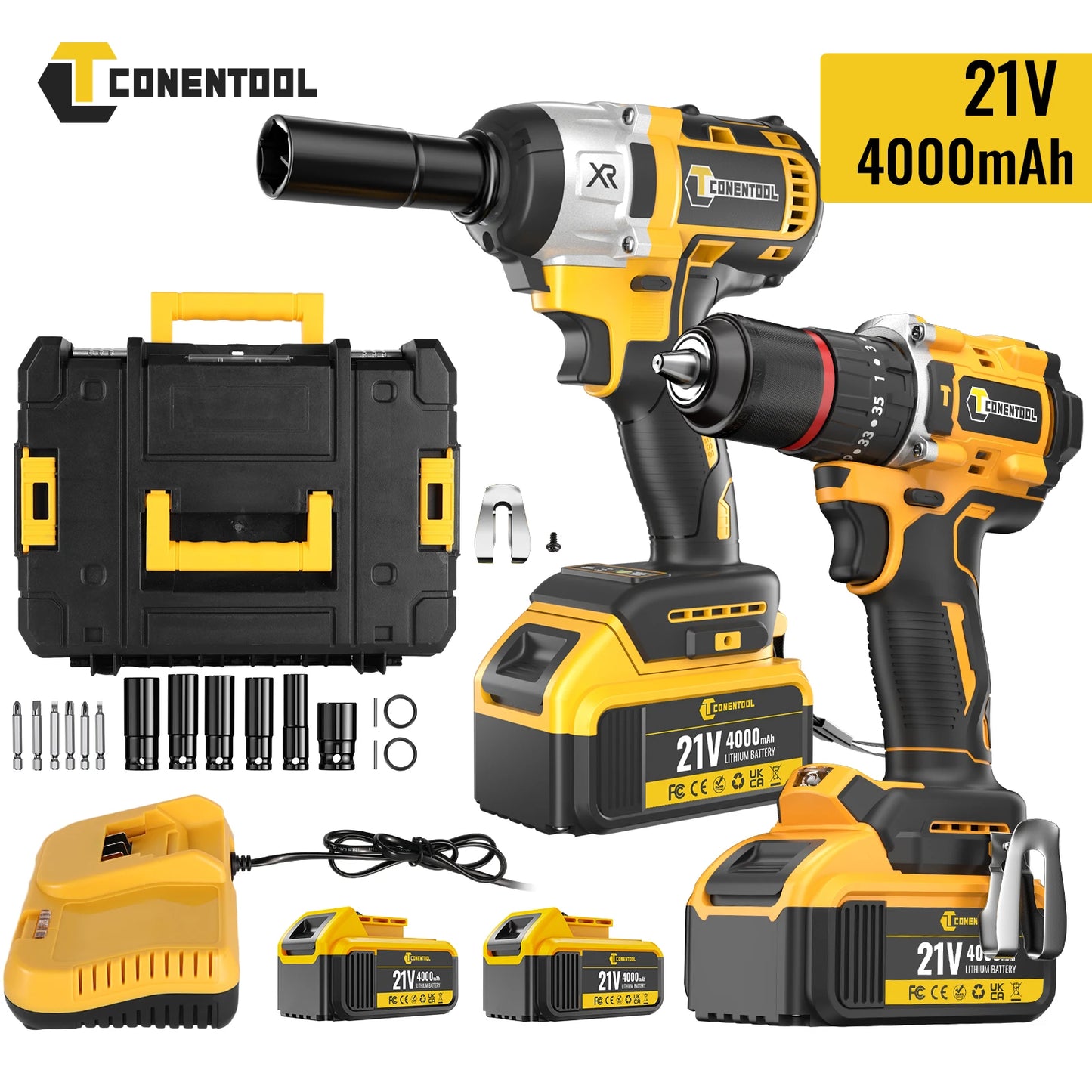 CONENTOOL 420N.m Brushless Electric Impact Wrench Screwdriver Power Tool Combination Drill Driver Set with LED Light 2pc Battery