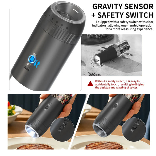 1/2PCS Electric Salt And Pepper Grinder with LED Light Gravity Sensing Adjustable Spice Mills Cordless Automatic Kitchen Gadget