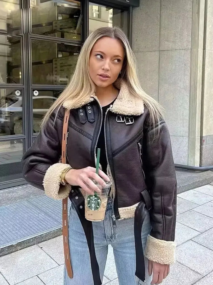 Winter Women's Belted Short Jacket Windbreaker Coat Fashion Retro Warm Thickened Long Sleeve Zipper Mujer Roupa Street