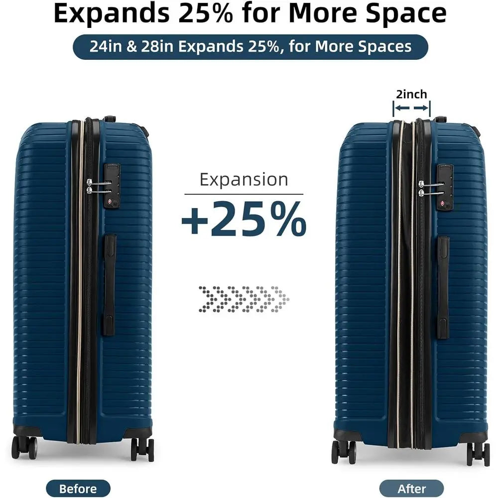 5 Piece Expandable Spinner Suitcase Set, 24 & 28, Durable Carry-On Luggage for Men & Women, Blue