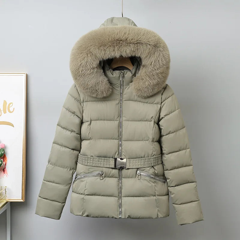 Winter Large Fur Coat Women With Belt Hooded Fur Collar Puffer Jacket Women New Warm Loose Parka Ladies Cotton Padded Overwear