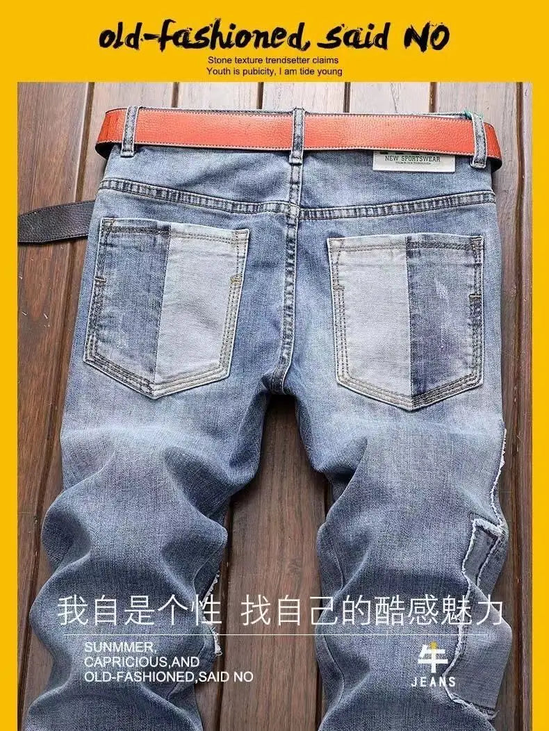 New Spring Autumn Wash Denim Korean Style Blue Designer Cowboy Cycling Motorcycle Splice Vintage Cargo Strech Pant Jean Trousers
