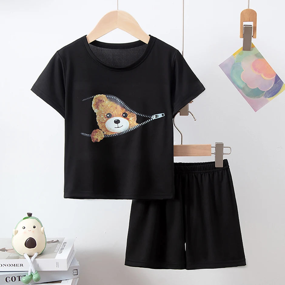 8/2 Pcs Children's Summer Cute Printing Suit Boy Casual Fashion Pocket Bear Short Sleeve Girl Sweet And Cute Joker Comfort Short