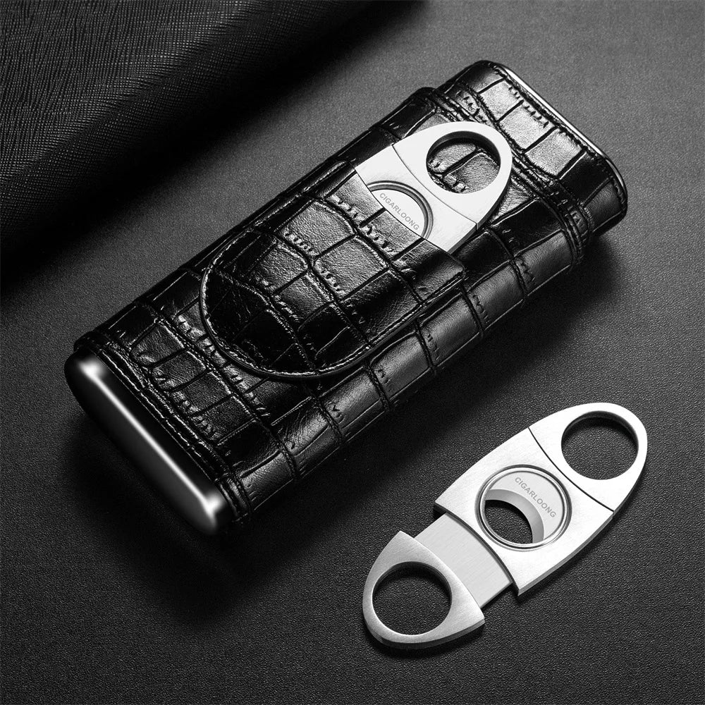 3-pack Cigar Case Luxury Portable Leather Holder Box Storage with Stainless Steel Sharp Cigar Cutter Smoking Accessories CH-24FA
