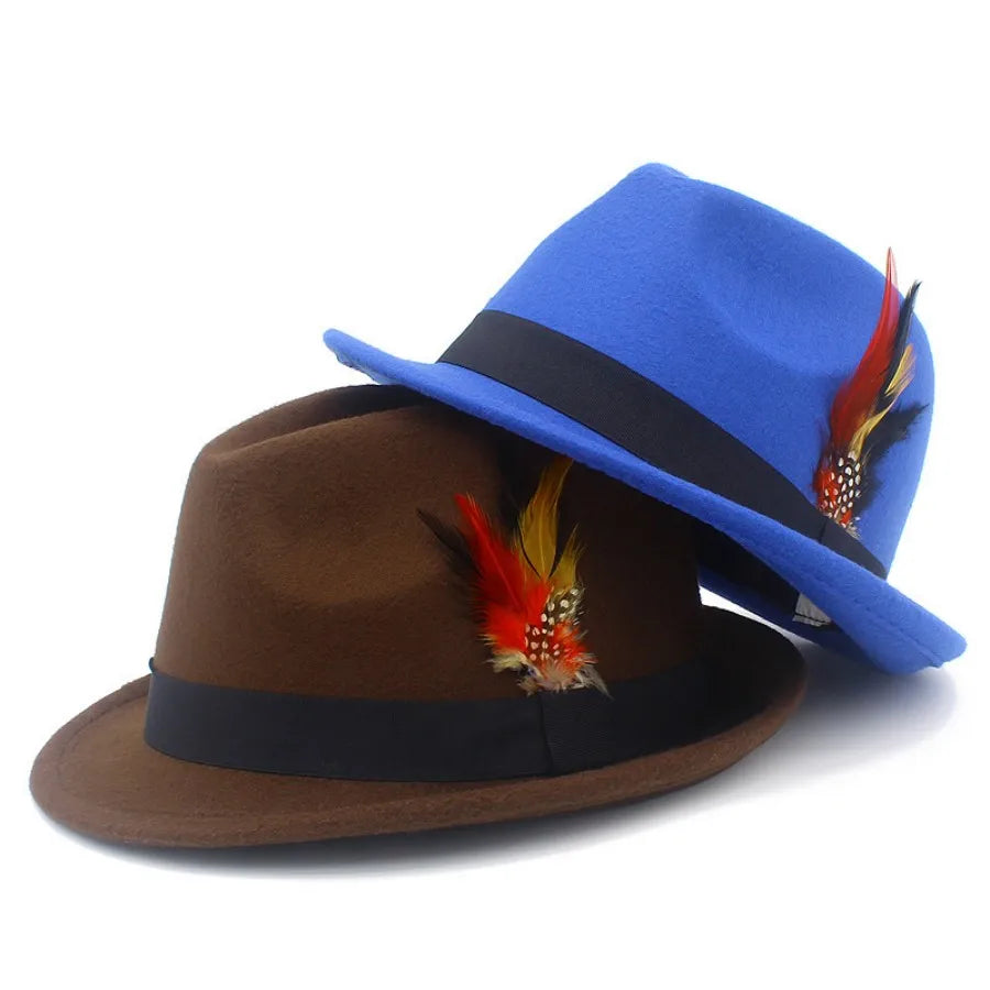 European and American Style Woolen   Women's Autumn and Winter Fashion Feather Show Hats Men's Jazz Hats