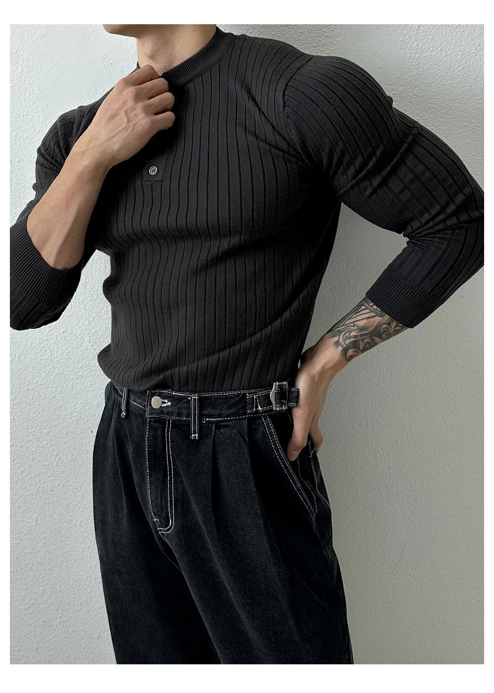 Autumn Clothing Men's Light Luxury Knit Korean Popular Henry Collar T-shirt Button-down Long Sleeve Retro Leisure Knitwear