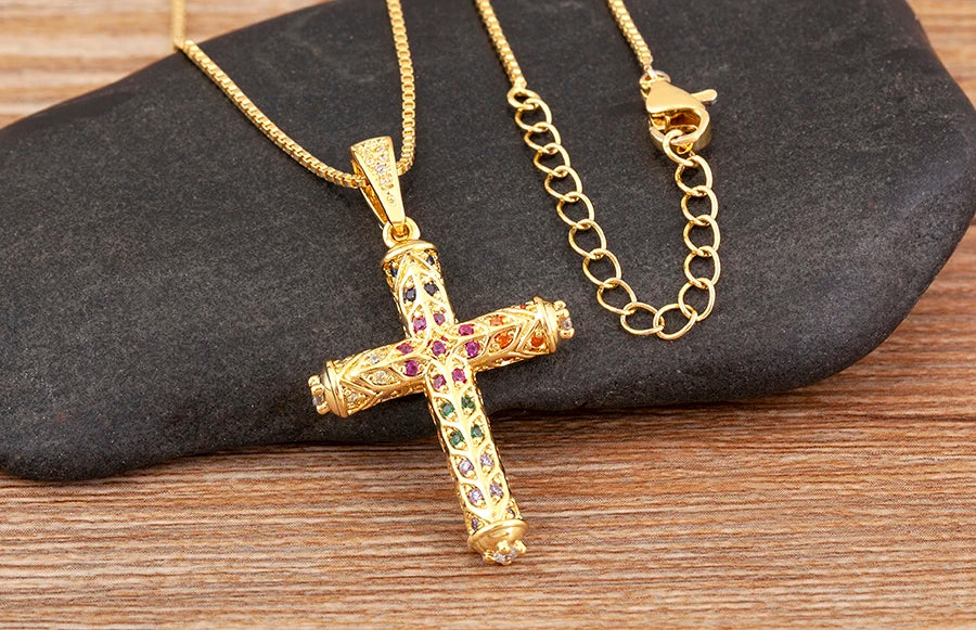 Nidin New Arrival Retro Column Shape Cross Pendant Necklace For Female Male Irregular Geometric Shine Zircon Jewelry Accessories