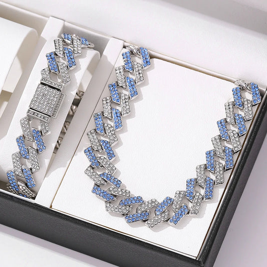 2pcs Jewelry Set Hip Hop Geometric Cuban Chain Neck Fashionable High Quality Hip Hop Rhinestone Neck Bracelet Jewelry holiday gi