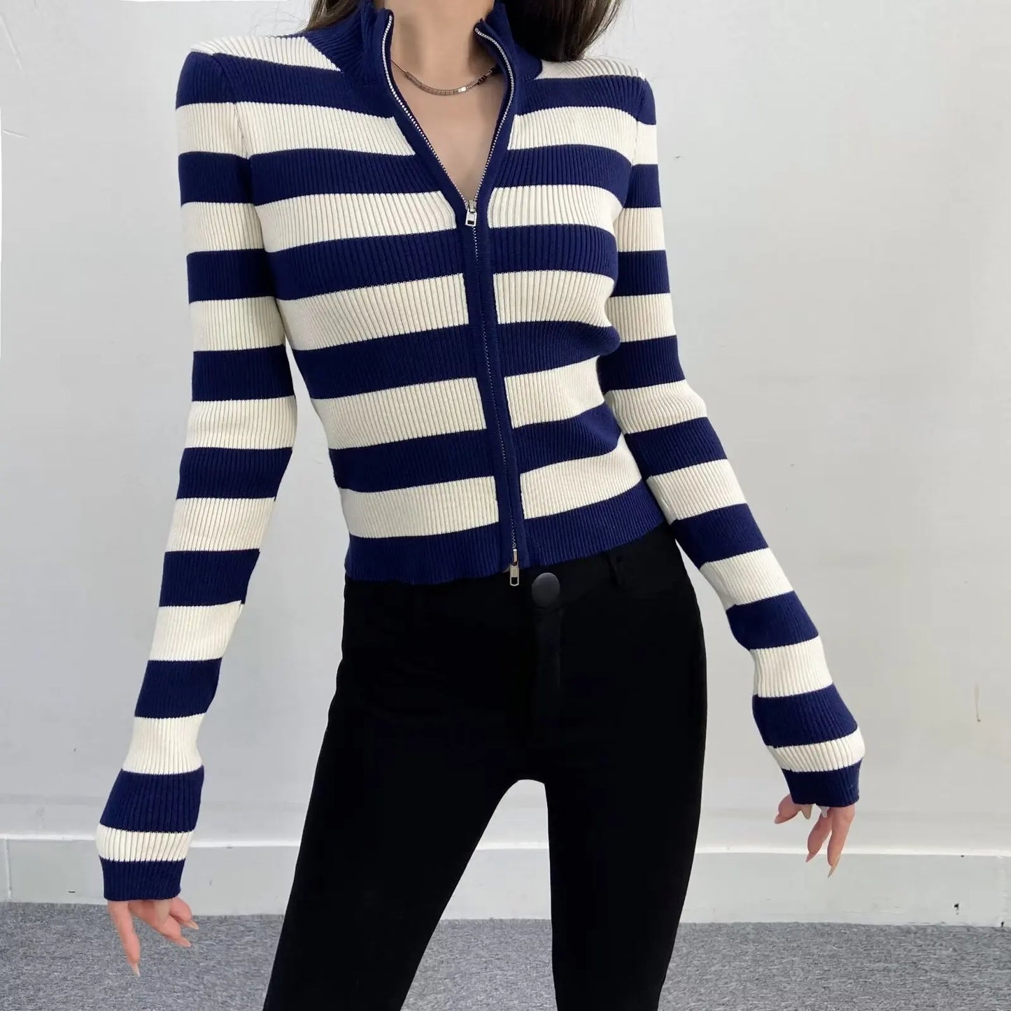 Slim Fit American Style Knitted Cardigan Women's Double Zipper Open Front Pure Desire Autumn Fashion Outerwear BM Style