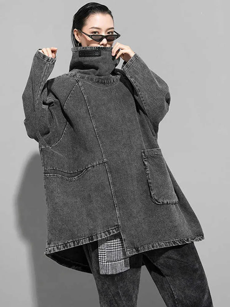 [EAM] Loose Fit Black Denim Big Size Sweatshirt New High Collar Long Sleeve Women Big Size Fashion Spring Autumn 2026 1K166