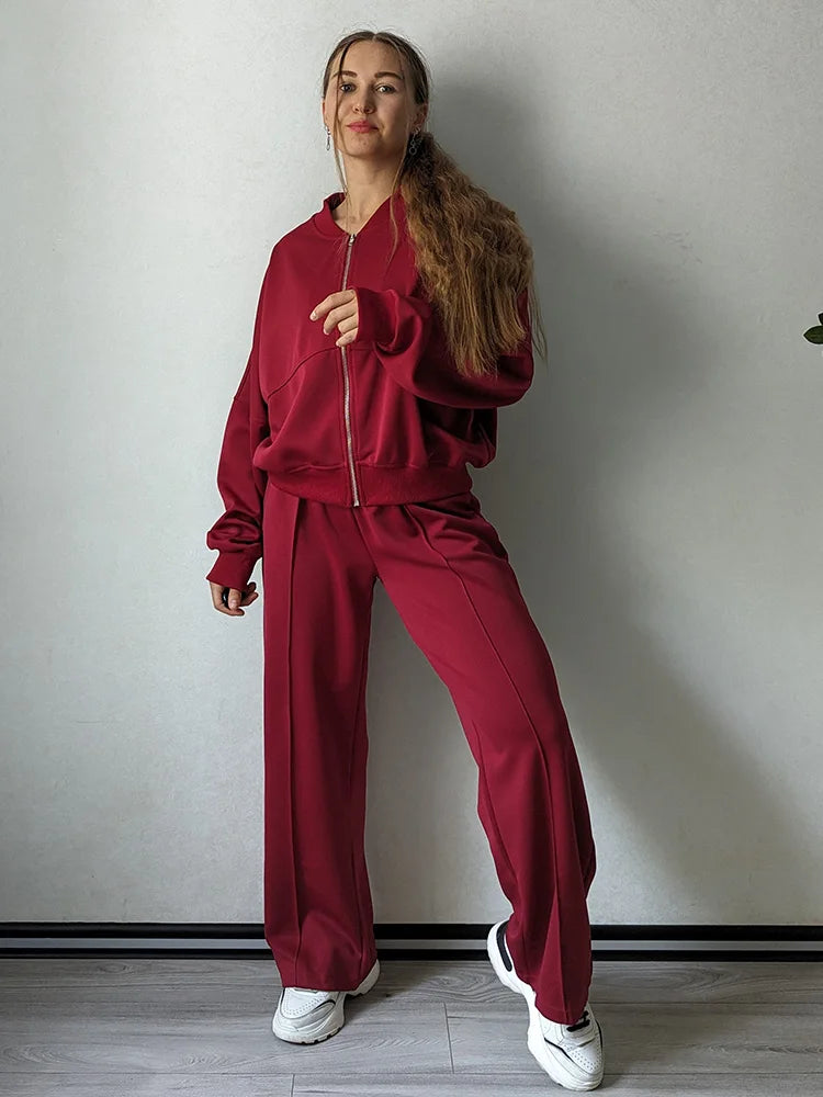 Gray Straight Pants Two Pieces Sets Women Outfit Long Sweatpants Street Wear Zipper Jacket Track Suits Sweatshirt Sets For Women