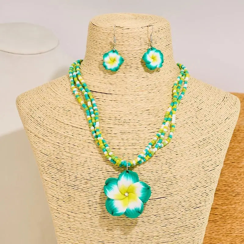 Egg Flower Earrings Necklaces Set Pendant Bohemia Flower Necklaces Earrings Drop Earrings Choker Vacation Style Jewelry Girl